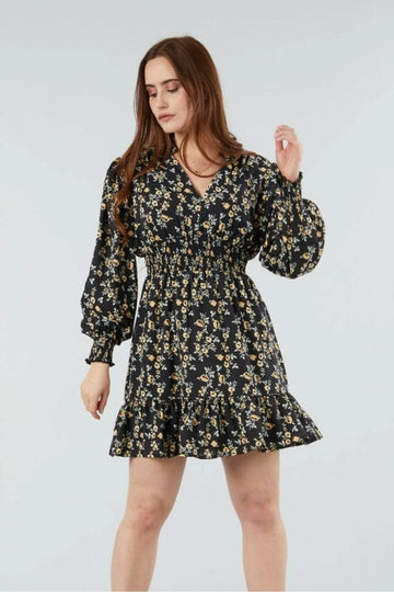 Black Printed Shirring Waist Dress Double Second